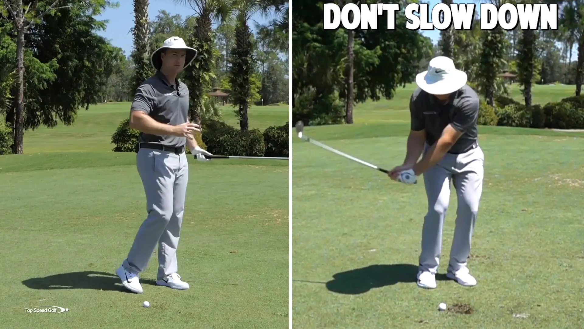 Demonstrating aggressive swing with a wedge