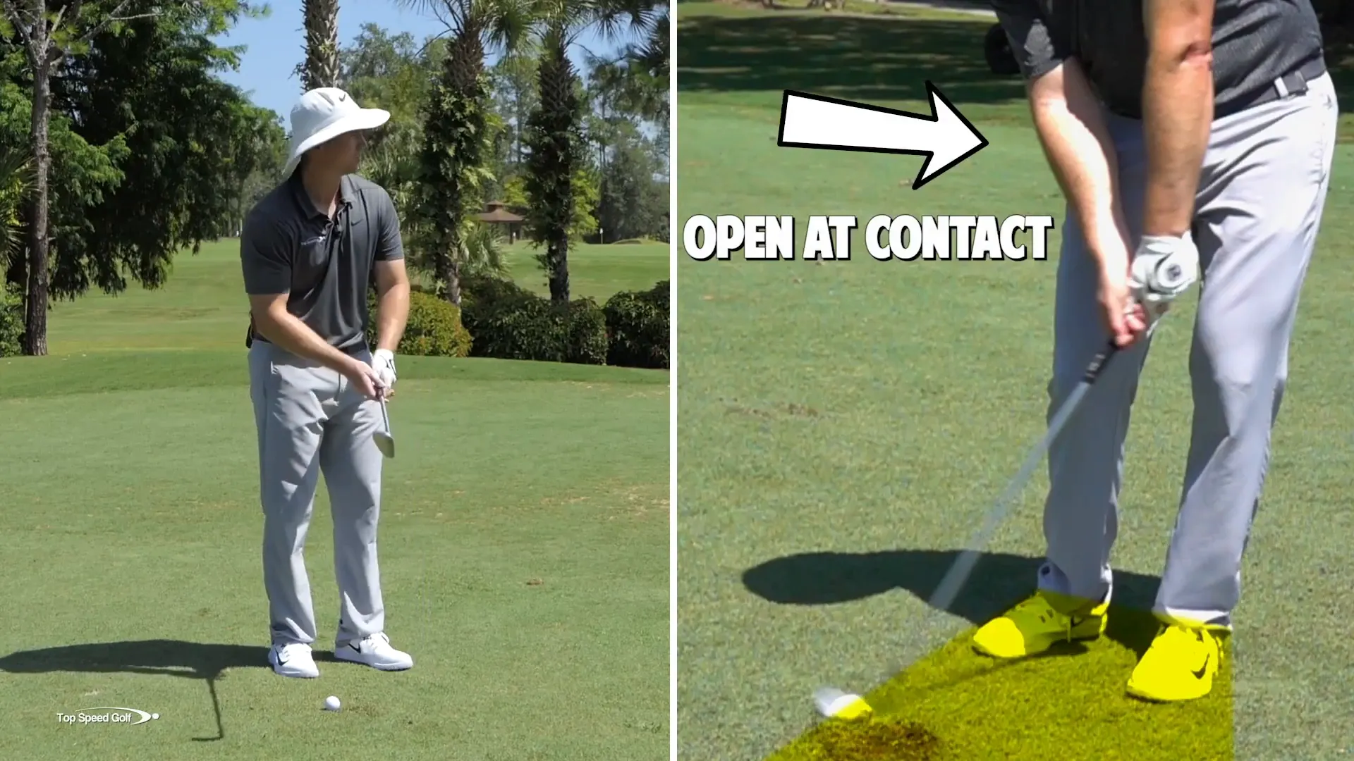 Showing open stance for wedge shot