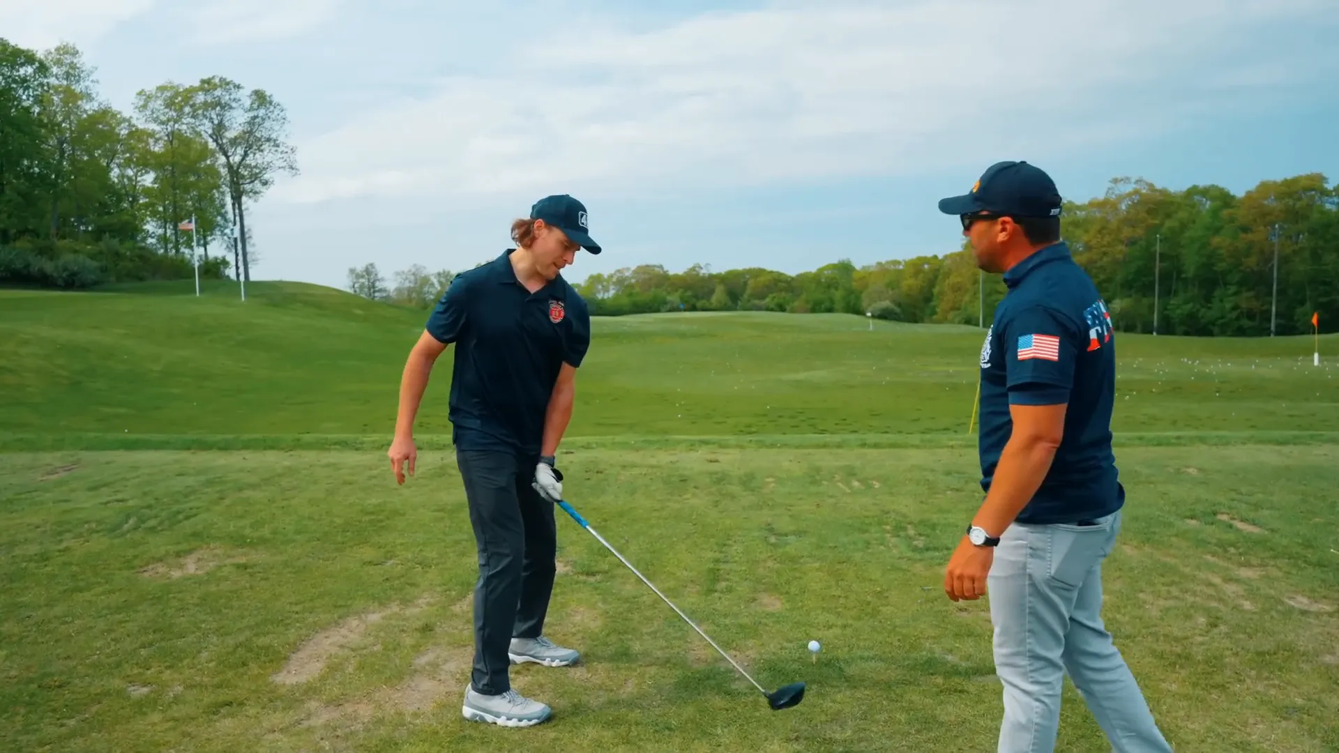Golfer demonstrating sternum facing target during downswing