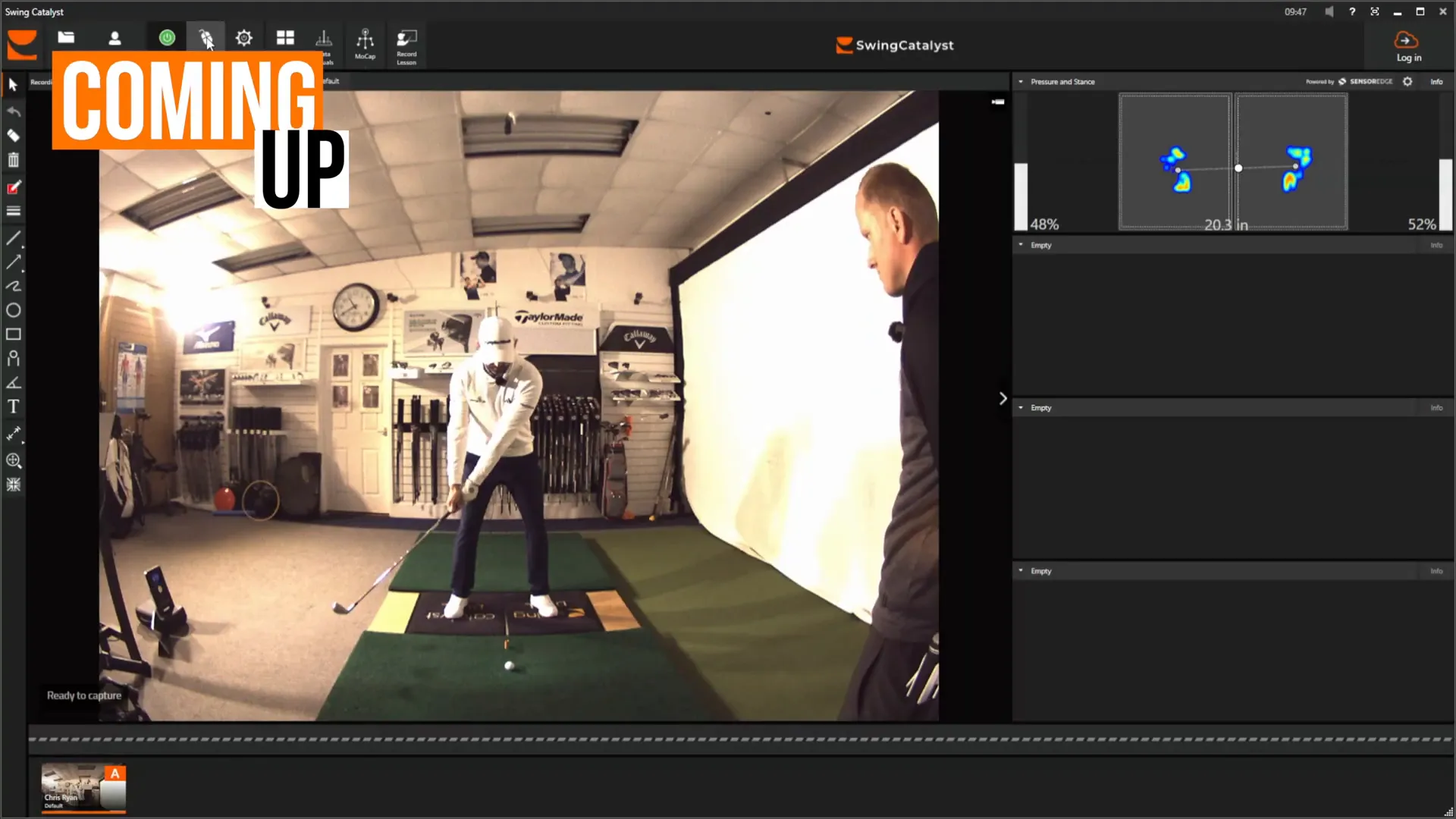 Golf coach explaining weight shift with data overlay