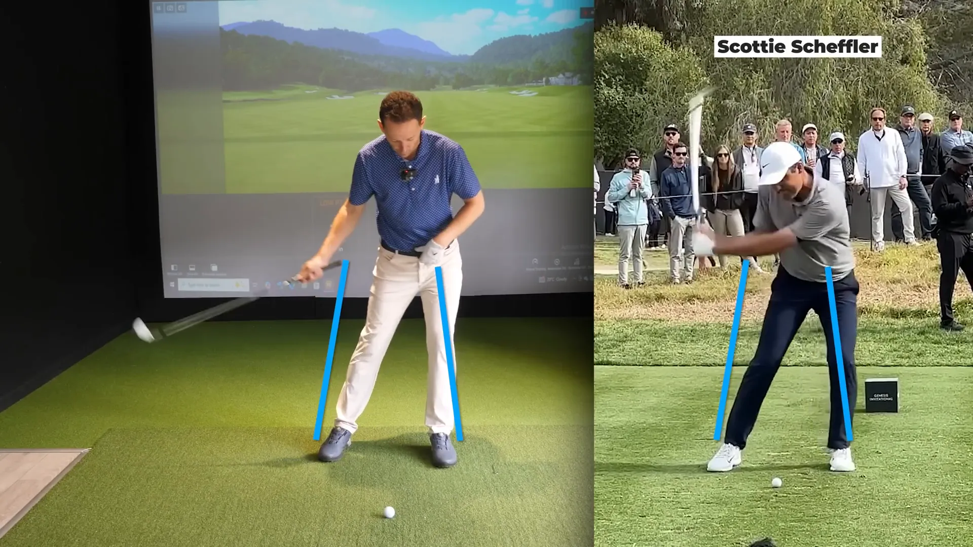 Hips forward with belt buckle near lead heel while head remains centered