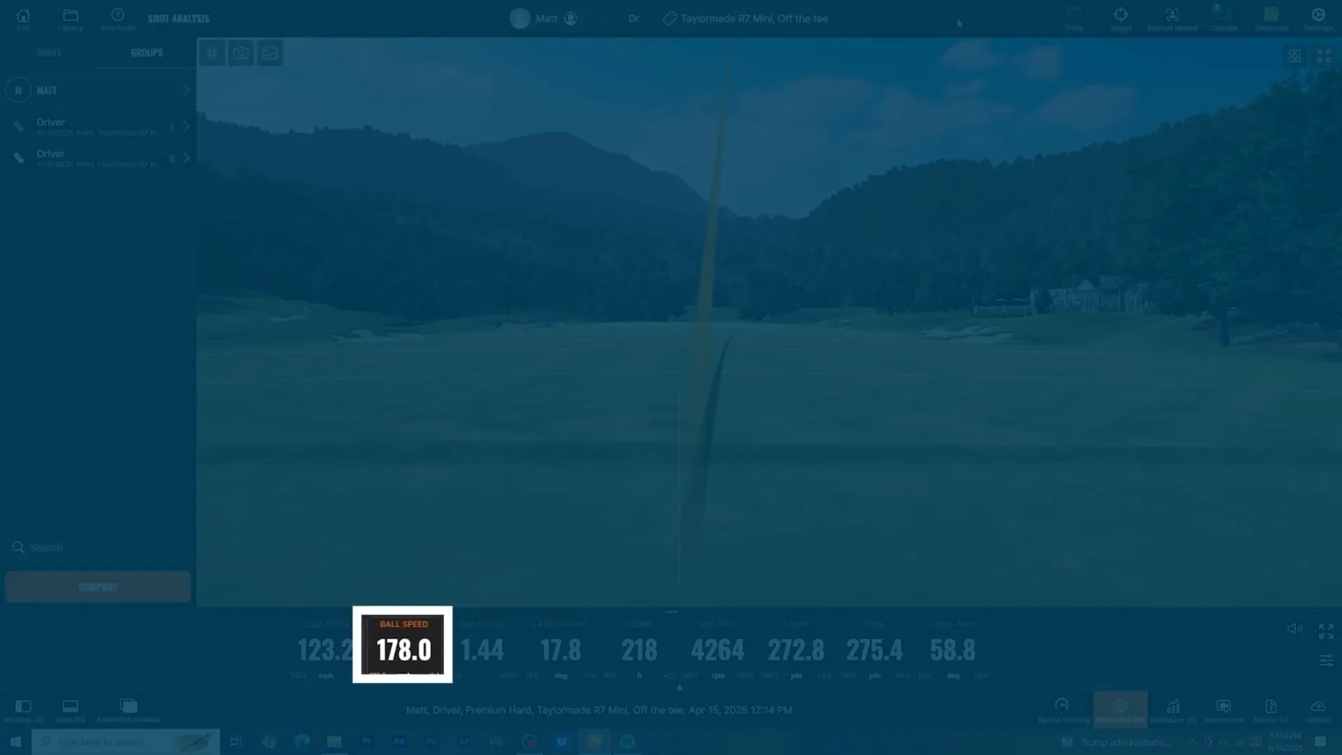 Launch monitor reading showing ball speed (178 mph) and trajectory