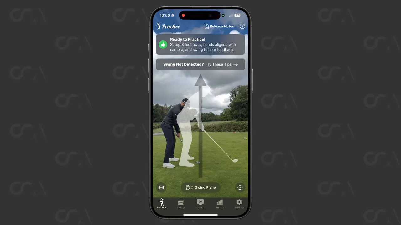 App voice coaching the golfer to take position eight feet away