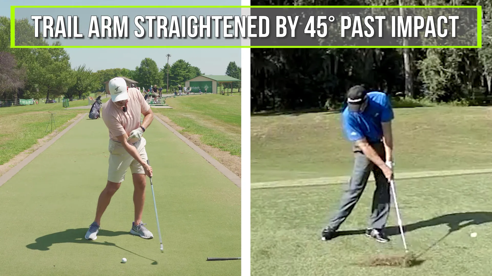 Series of PGA Tour players demonstrating trail arm extension by 45 degrees past impact