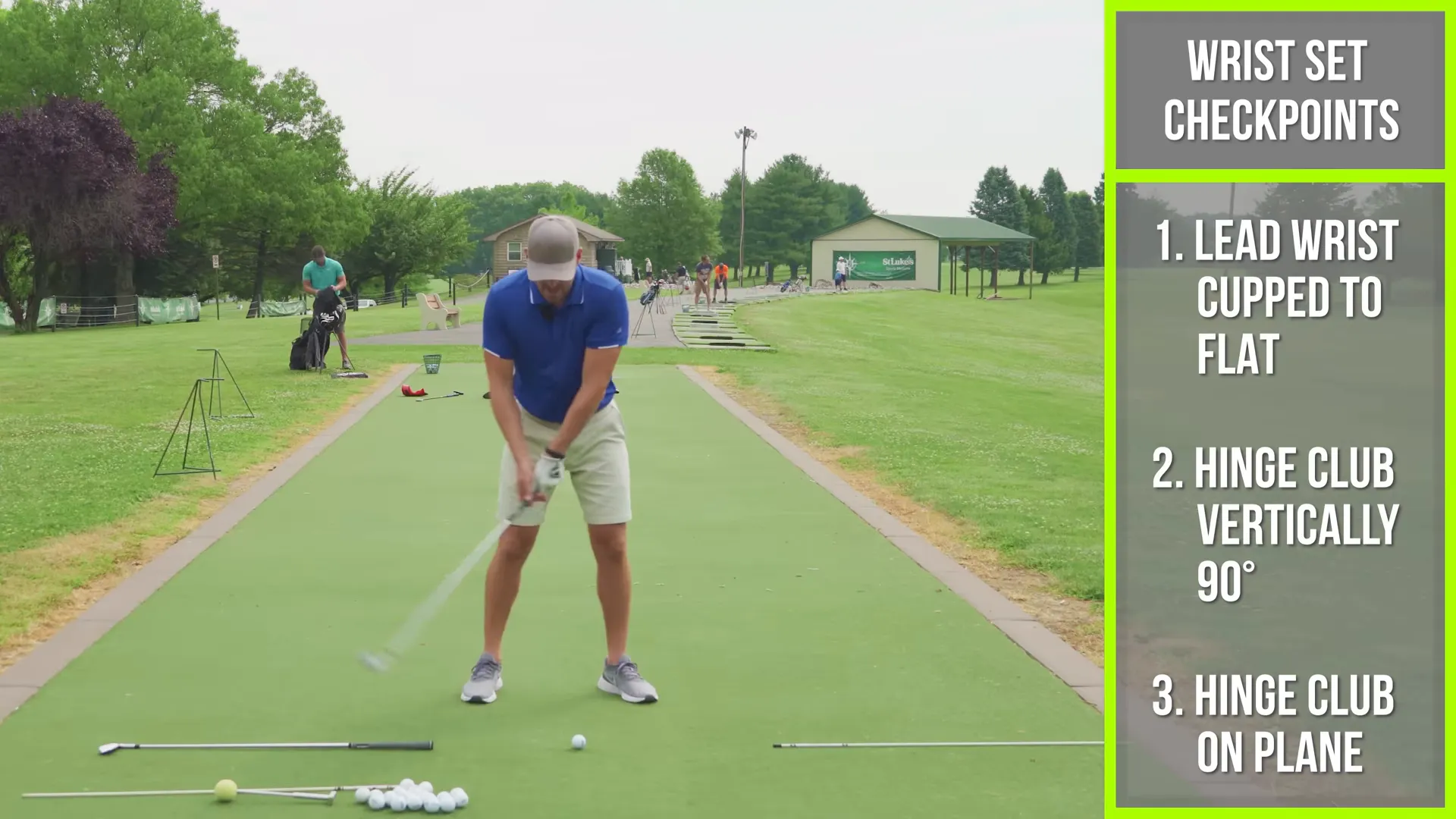 Three checkpoints listed on screen: left wrist flat, 90° hinge, club on plane