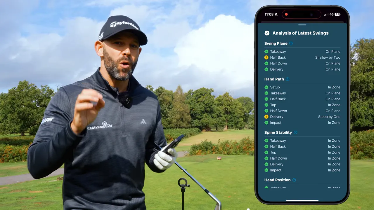 Analysis screen showing multiple swing metrics like head position and trail knee