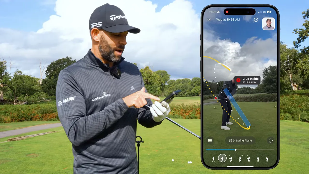 App showing blue ideal swing plane zone and tracked club path for a logged swing