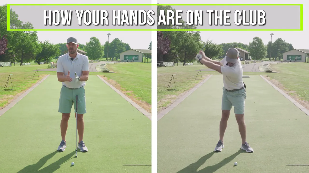 Setting up to explain grip pressure, showing hands on club