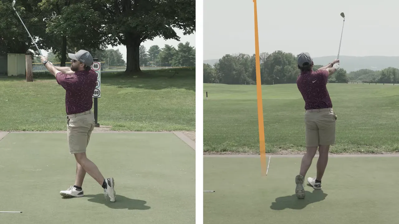 Full swing with extended finish; club head pushed away and solid contact