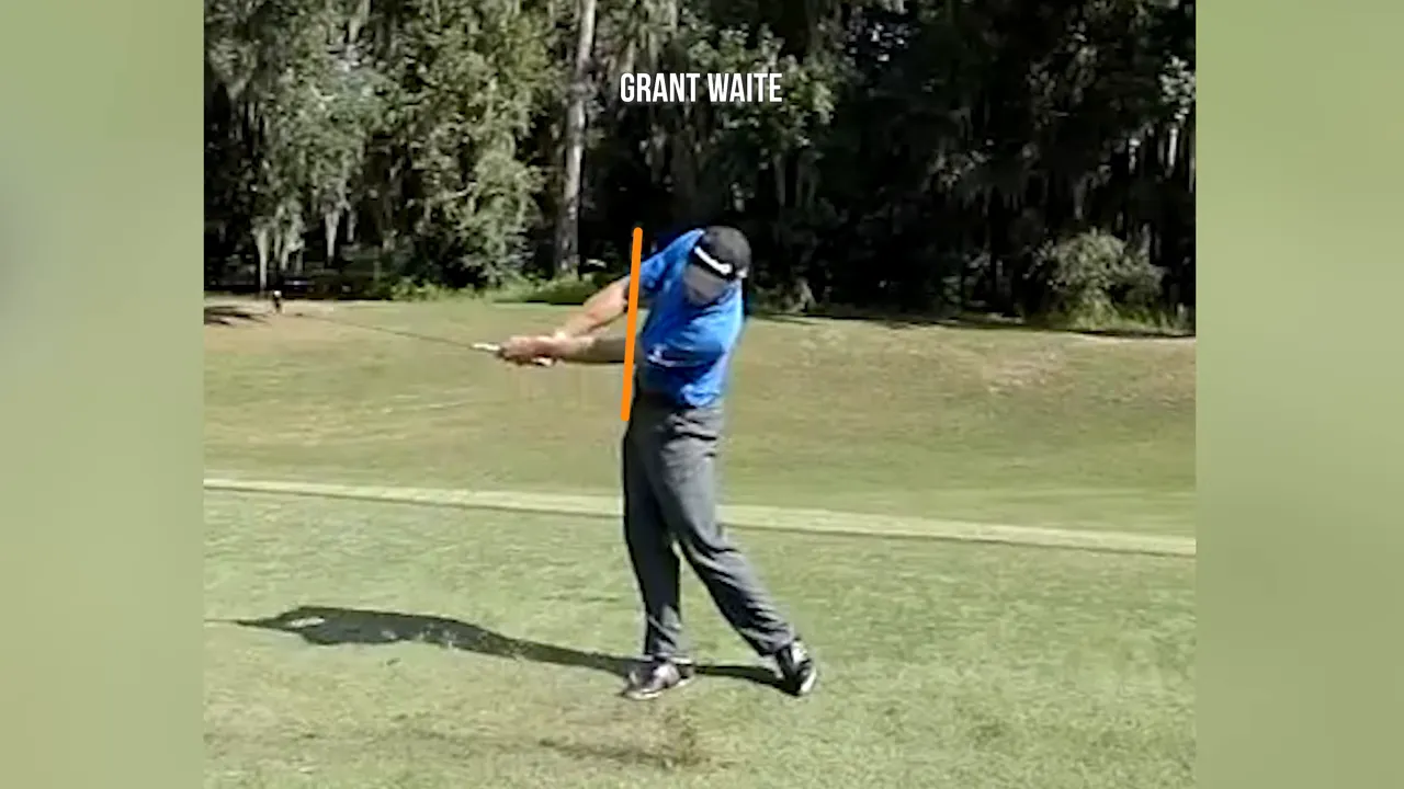 Player keeping chest back as hips rotate; belt buckle closer to target than chest