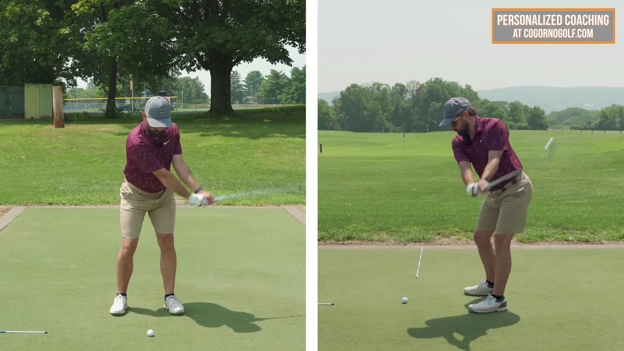 Player demonstrating shoulder-high back swing, clipping mat, long arc through
