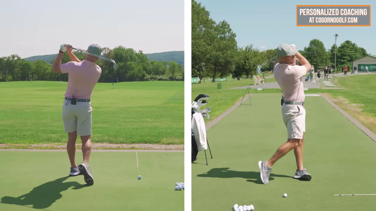 Split-screen showing a golfer's backswing and follow-through