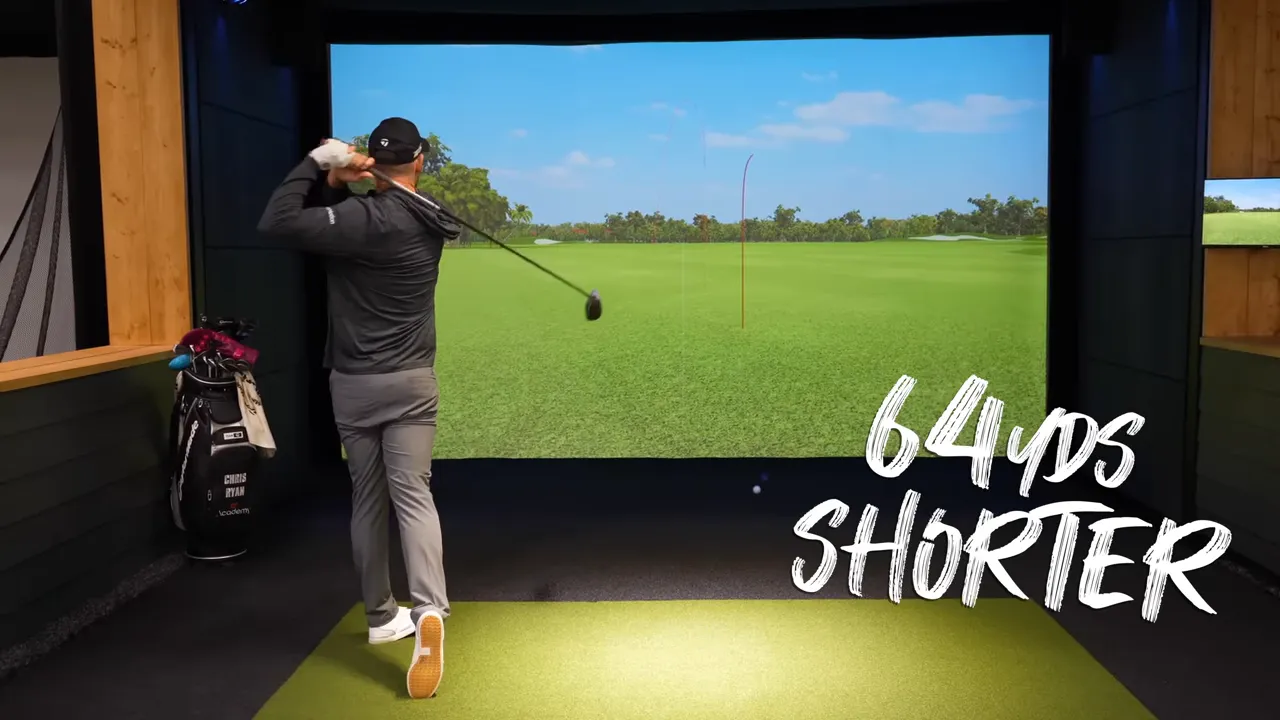 golfer in an indoor golf simulator with on-screen ball flight and text overlay reading '64yds shorter'