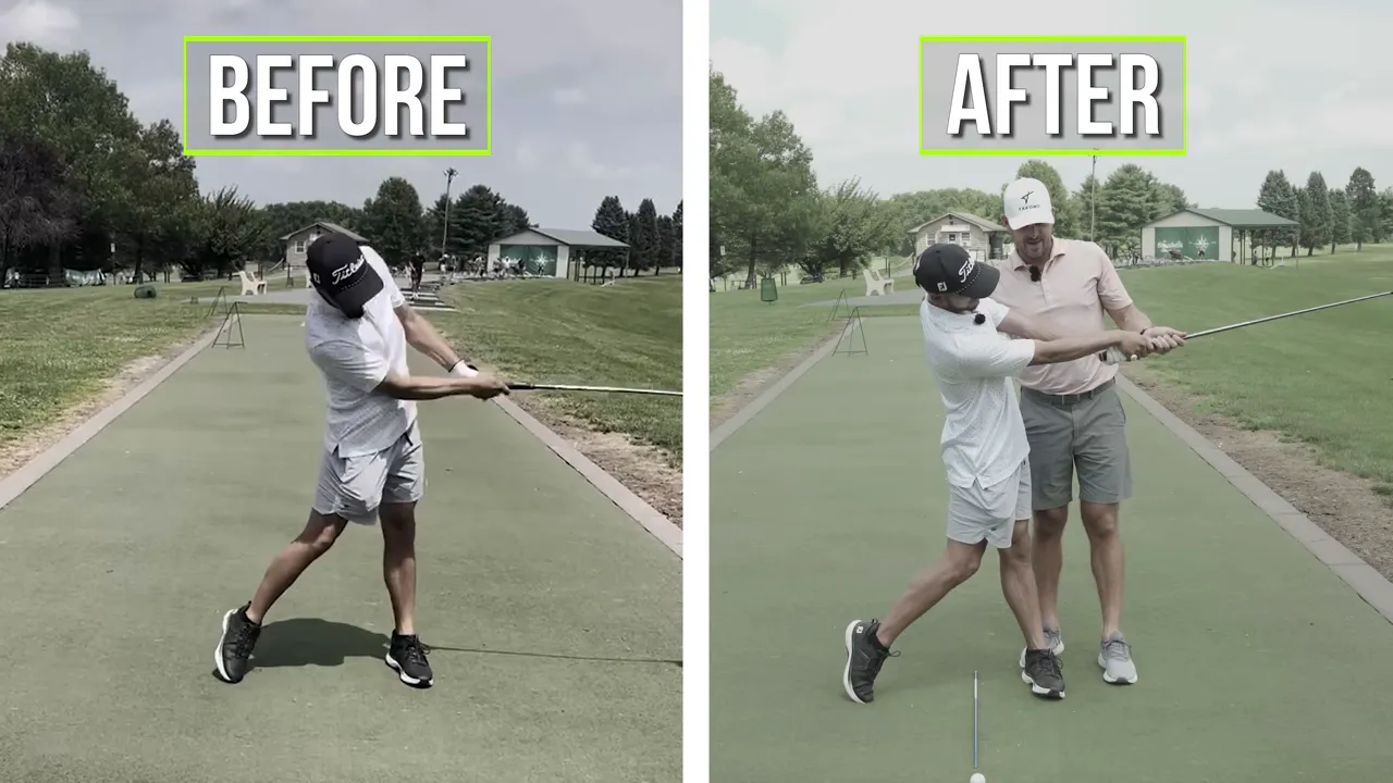 Side-by-side before and after frames showing improved driver finish and extension with coach assistance