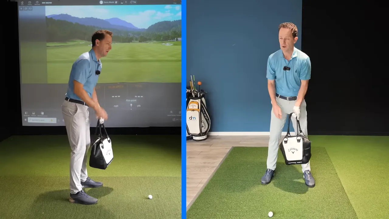 Instructor standing in balanced golf stance holding a training bag in front, clear static setup from side and front angles