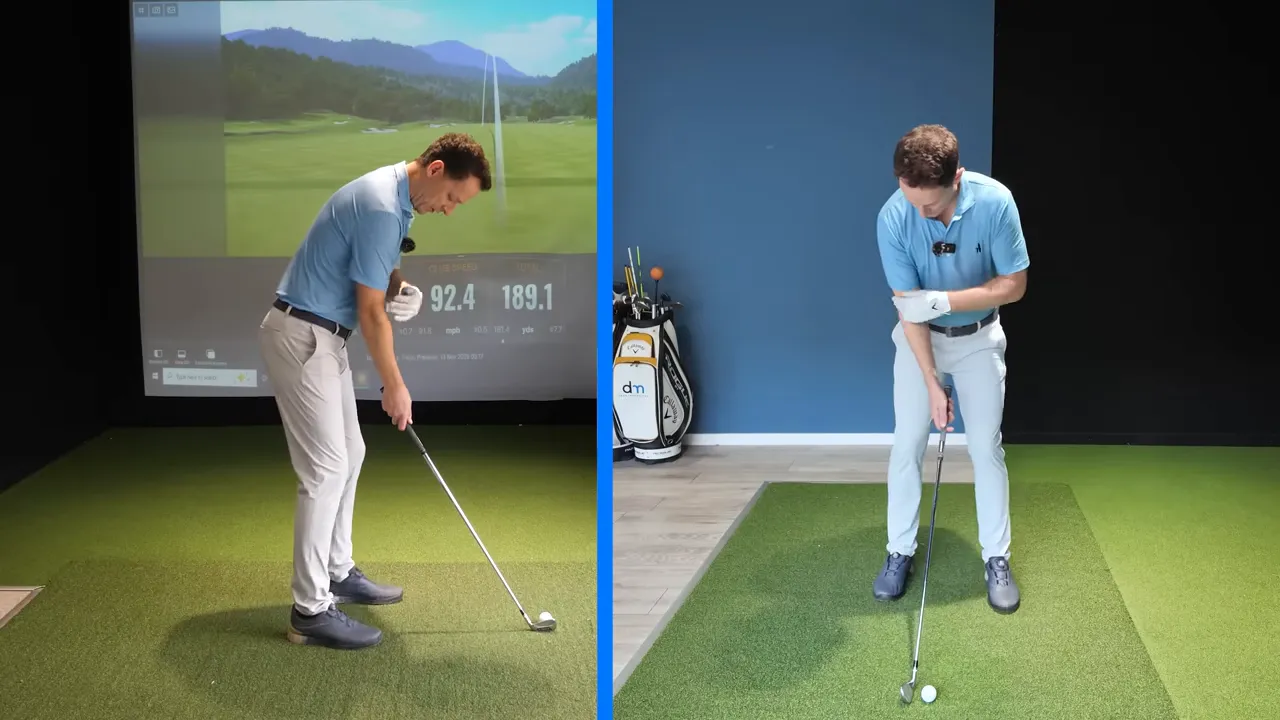 Split-screen: instructor demonstrating the single-hand trail-arm drill with the trail hand on the club and the lead arm held across the chest to show elbow position.