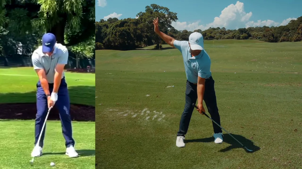 Split-screen view showing a golfer at address with club behind the ball and a coach demonstrating a balanced setup on the driving range.