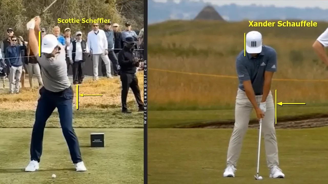 Split-screen comparison of two professional golfers at the top of the swing with yellow guide lines highlighting chest/shoulder positions and a small chest lift.