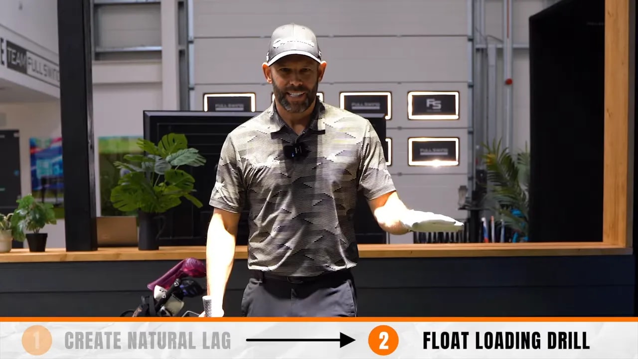 On-screen title banner reading 'Create Natural Lag → Float Loading Drill' with the instructor visible above the banner.