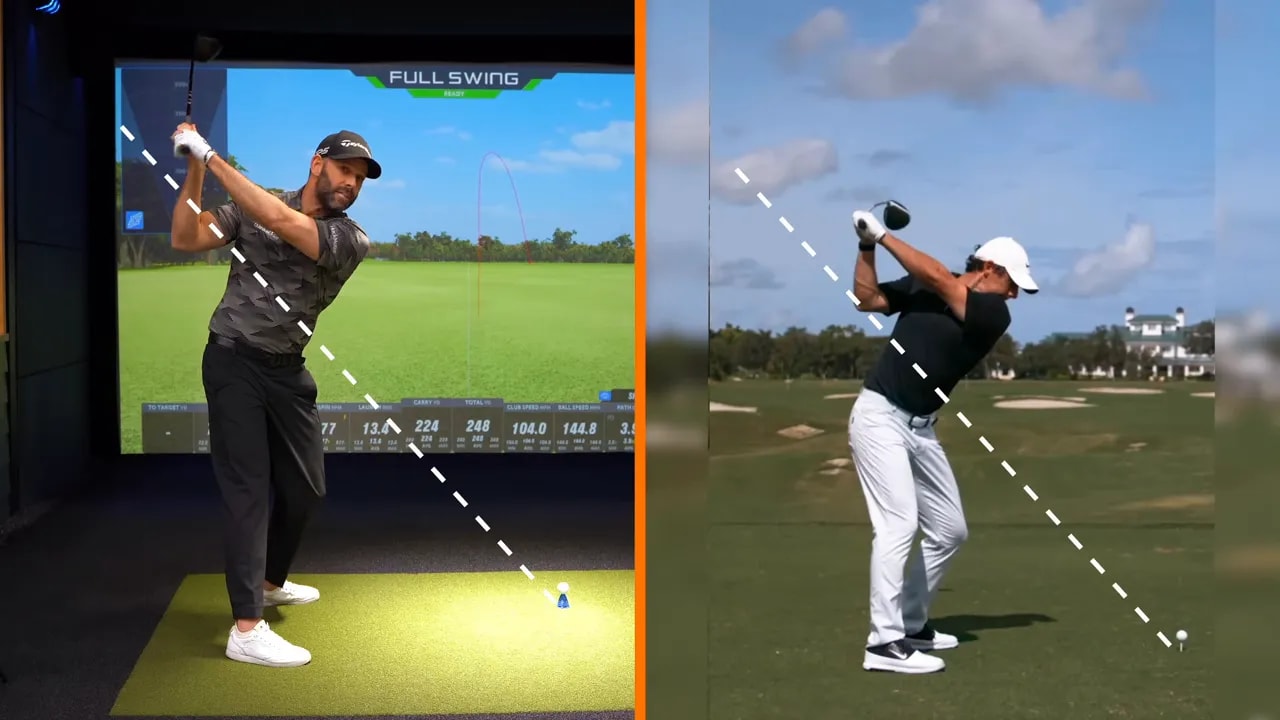 Split screen of two golfers demonstrating a deep backswing with dashed reference lines showing the club head behind the elbow line.