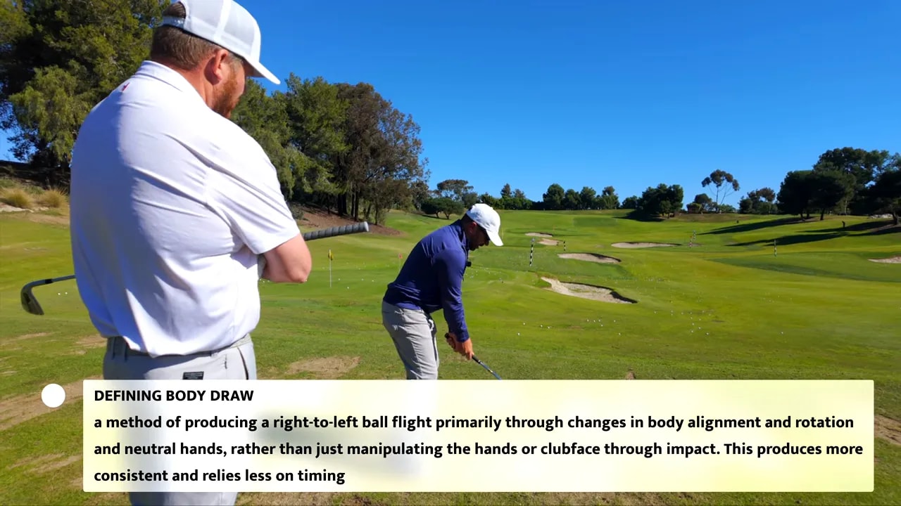 Golfer at address with an on-screen banner labeled 'Defining Body Draw' explaining the rotation-based, medicine-ball feel to create a body draw.