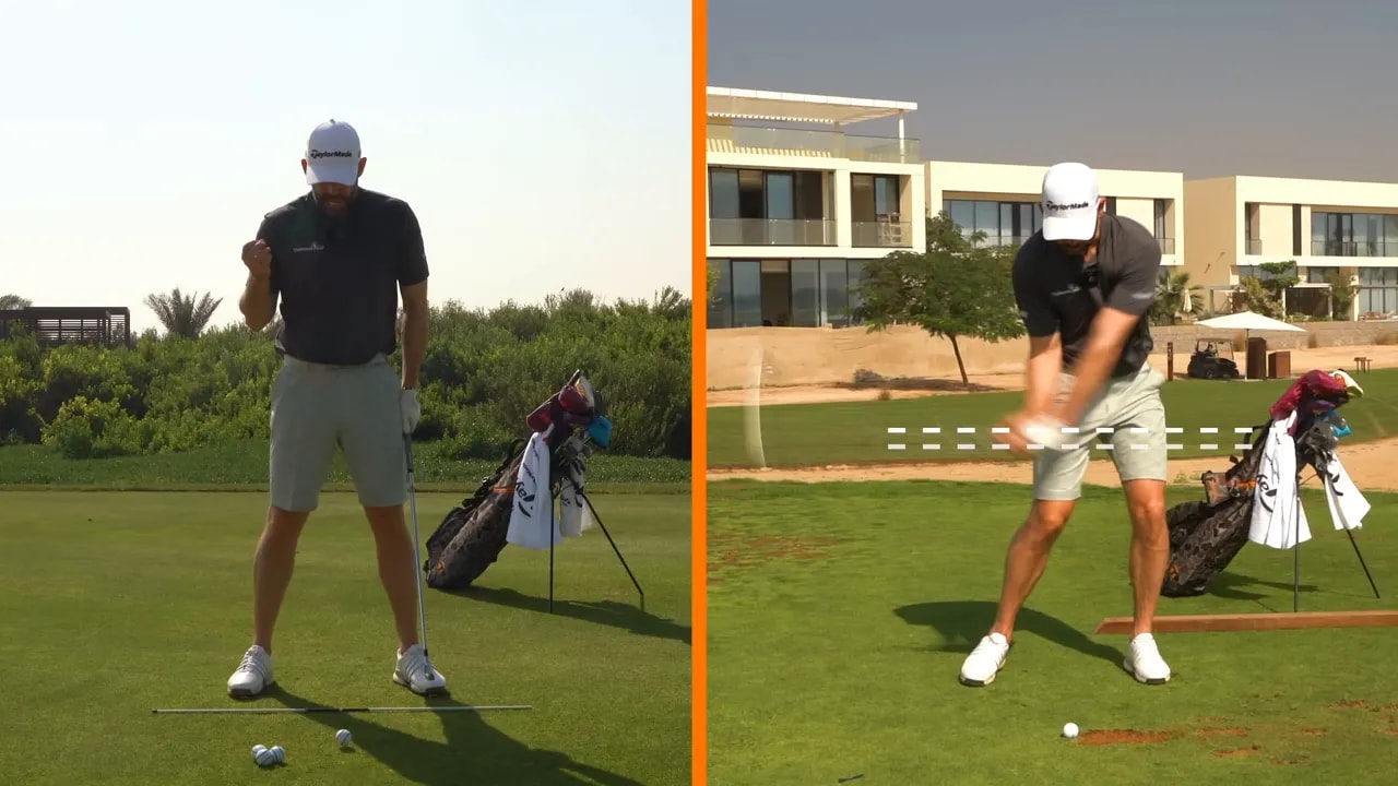 Split-screen face-on golf frame showing setup on the left and downswing/delivery on the right with dashed guide lines marking handle height