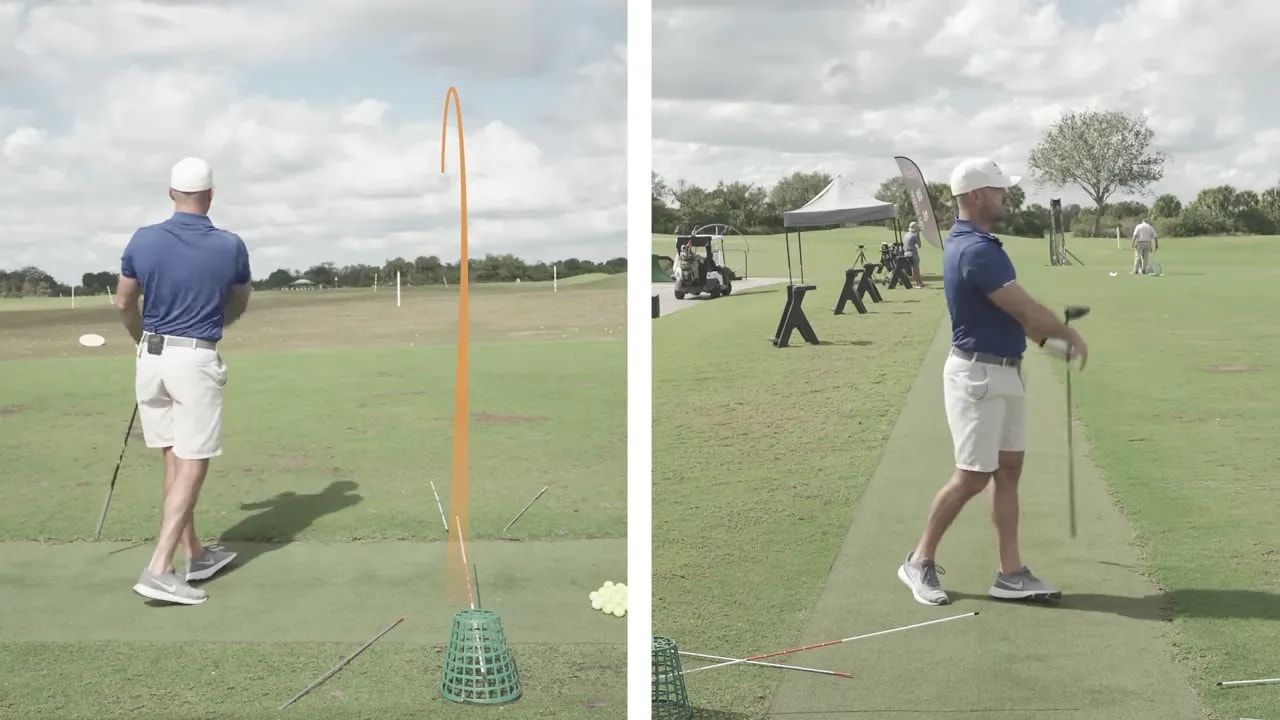 Two-panel view: left panel shows the back view with an orange shot-trace arc, right panel shows the instructor finishing the swing from a front/three-quarter angle on the driving range.
