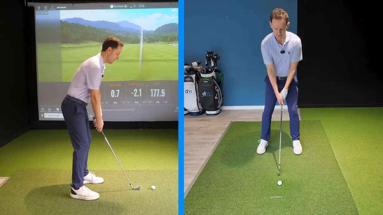 Split-screen of instructor showing side-on and face-on setup and posture with club and ball