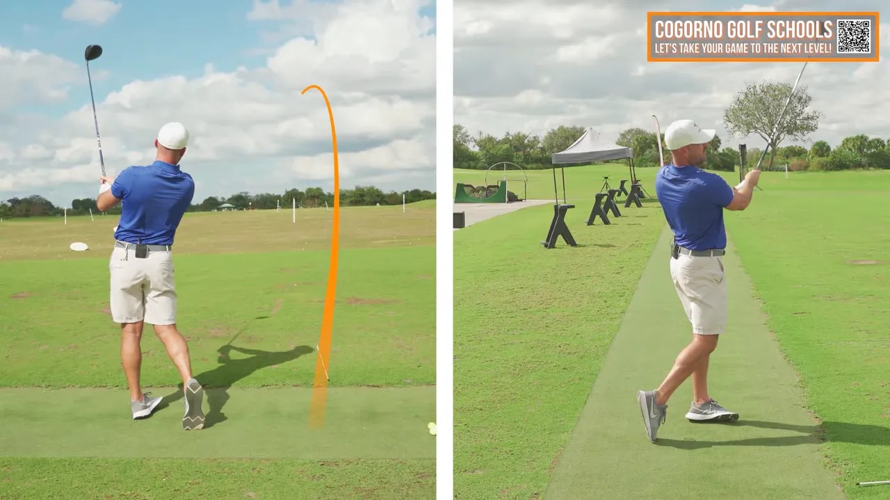 Two finish-frame views of the instructor with an orange ball flight arc illustrating a high finish and the left-shoulder up-and-back action.