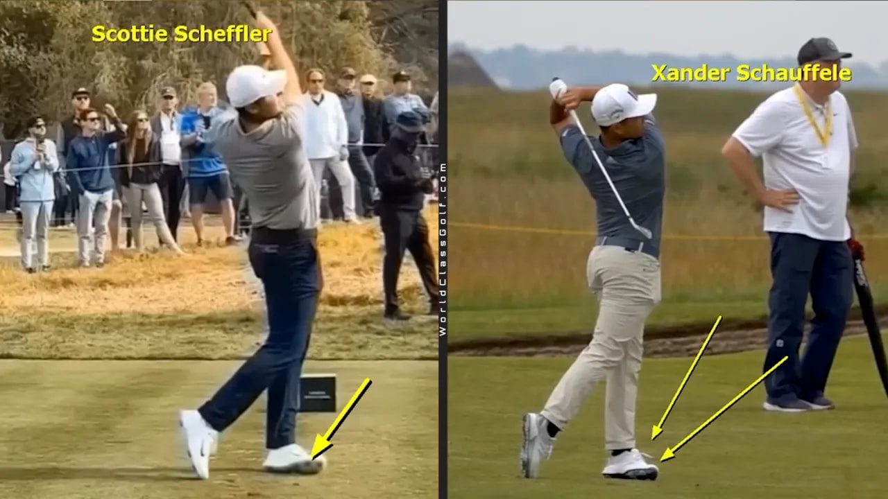 Two golfers side-by-side at their finish with arrows pointing to the lead foot/ankle area and visible shaft lean toward the target.
