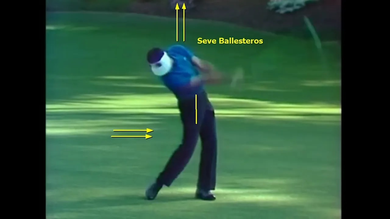 Golfer finish position demonstrating a lateral hip shift with arrows showing hip and upper-body movement