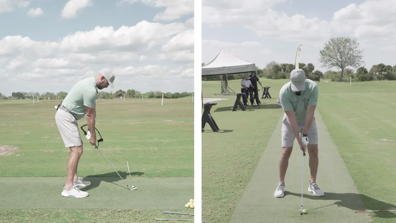 Split‑screen image of an instructor demonstrating the hanger drill from the side and the lead‑arm setup from the front to practice a flat wrist and rotation.