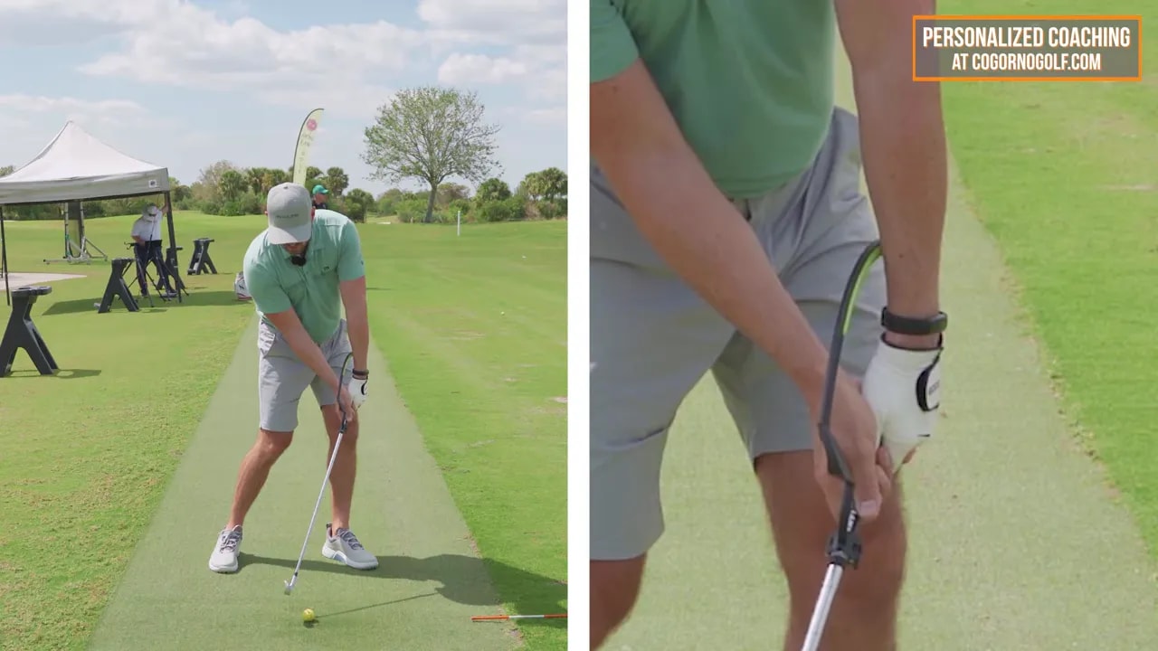 Split-screen image: full swing on the left and a close-up of a hanger pressed against the lead wrist on the right