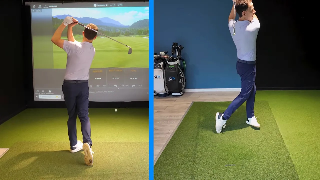 Golfer finishing a swing from two camera angles showing lead-foot push and body extension