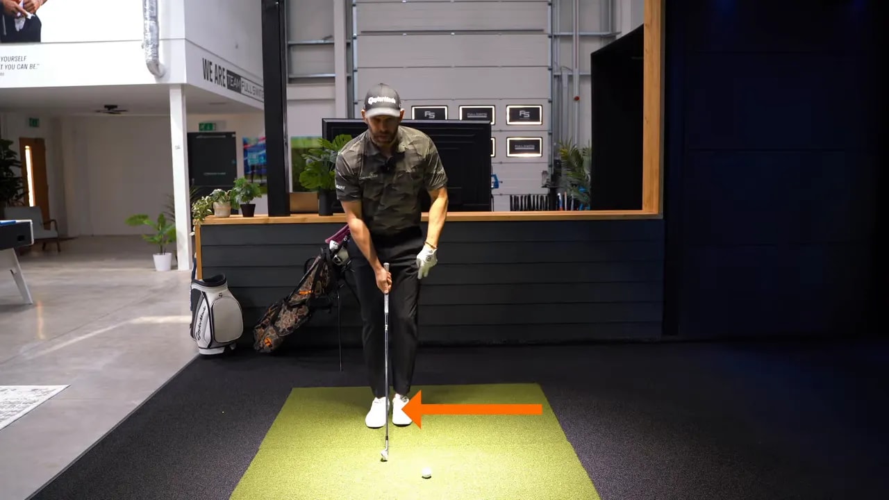 Lead foot stepped across toward trail foot as part of the float-loading drill (orange arrow highlights step)