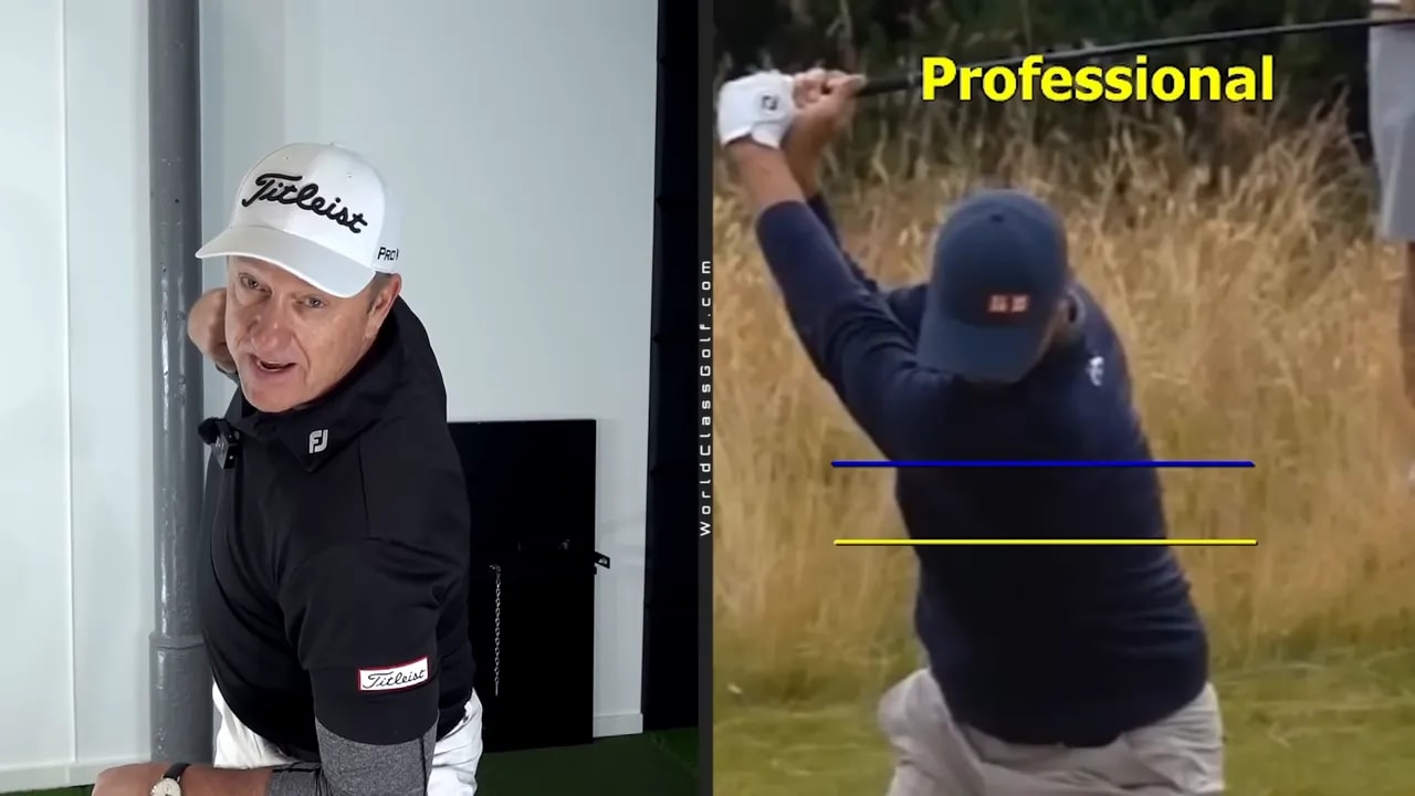 Instructor demonstrating lead shoulder down with split-screen professional showing horizontal shoulder-height lines