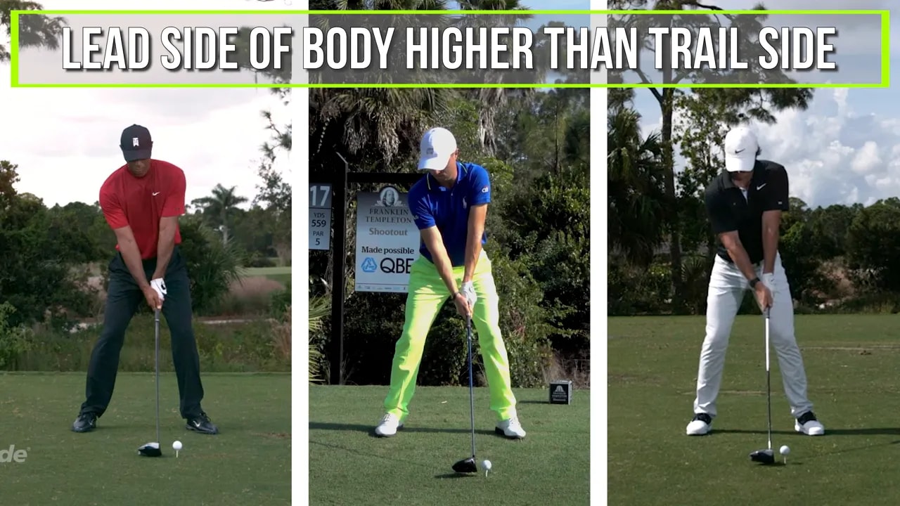 Screenshot with onscreen banner stating lead side higher than trail side showing three golfers at address demonstrating a tilted setup.