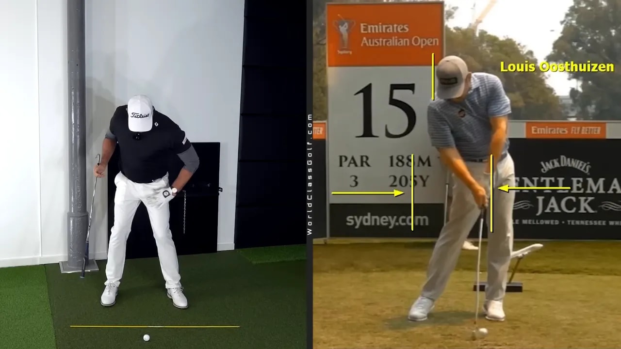 Split-screen showing instructor and touring pro at mid-downswing with arrows and vertical lines indicating left-under and hip sequencing