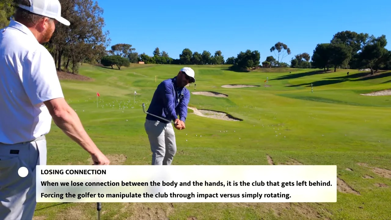 Golf instructor and student on range with on-screen text reading 'Losing Connection' showing arms separated from the body