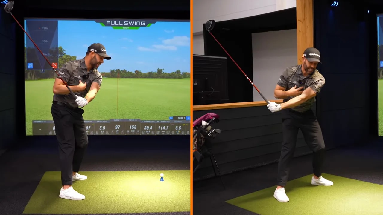 Split-screen golfer demonstrating the pump drill with hand on chest while lowering the arms to keep chest back