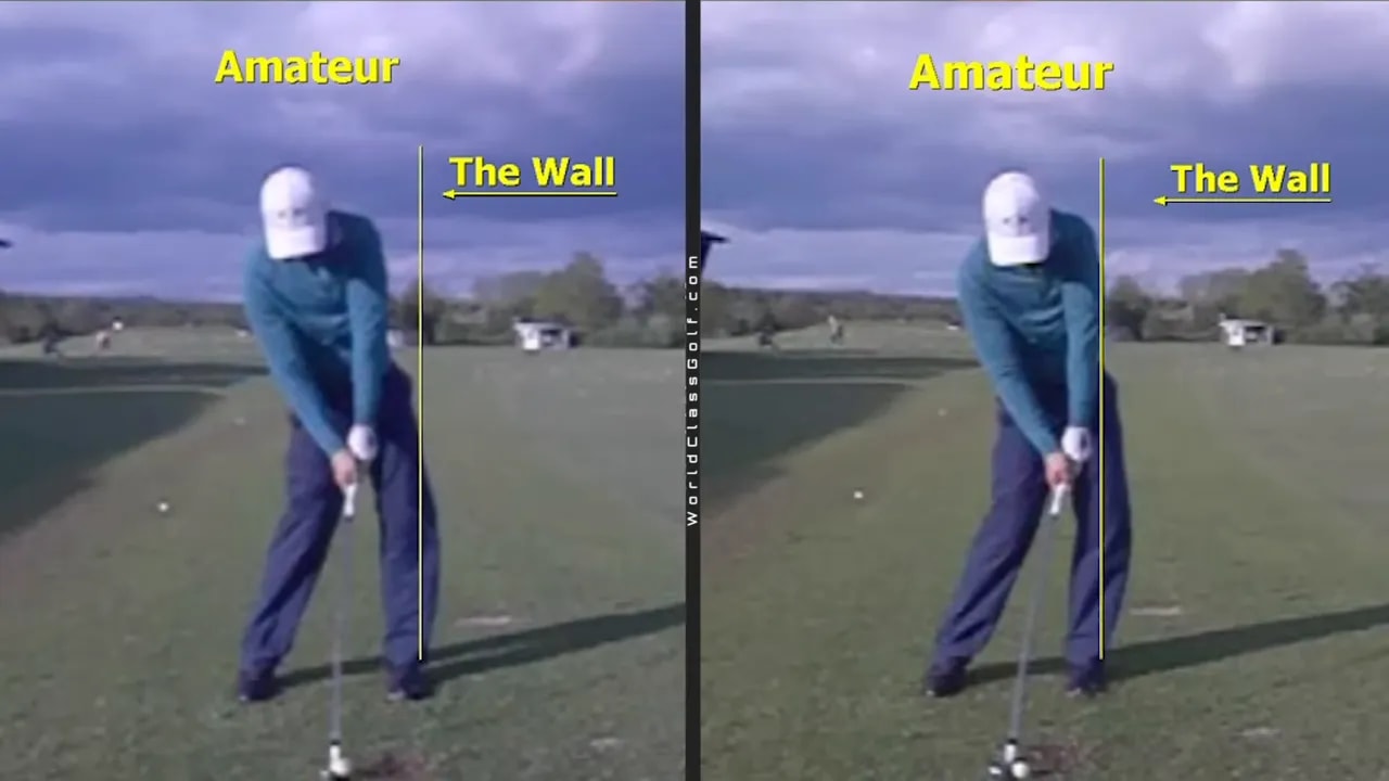 Split-screen golfer showing a vertical 'The Wall' reference line to keep the upper body back while shifting the hips during the relocation drill.