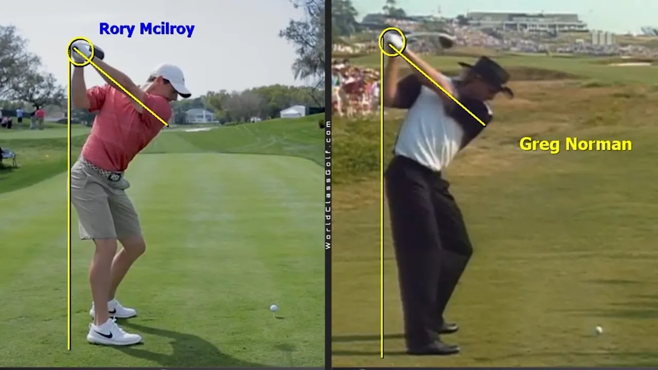 Rory McIlroy and Greg Norman side-by-side at the top of the backswing with yellow lines showing lead-arm angle