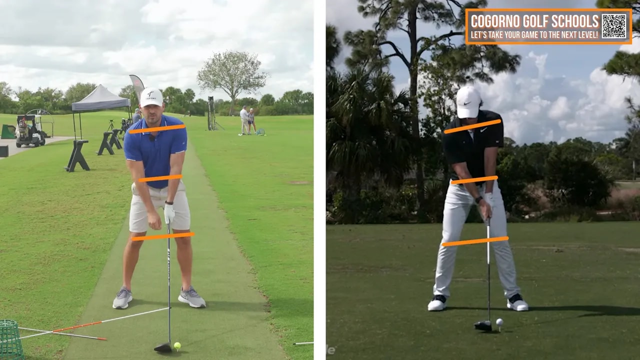 Split-frame of two golfers at address with orange lines across shoulders, hips and knees to illustrate correct setup tilt