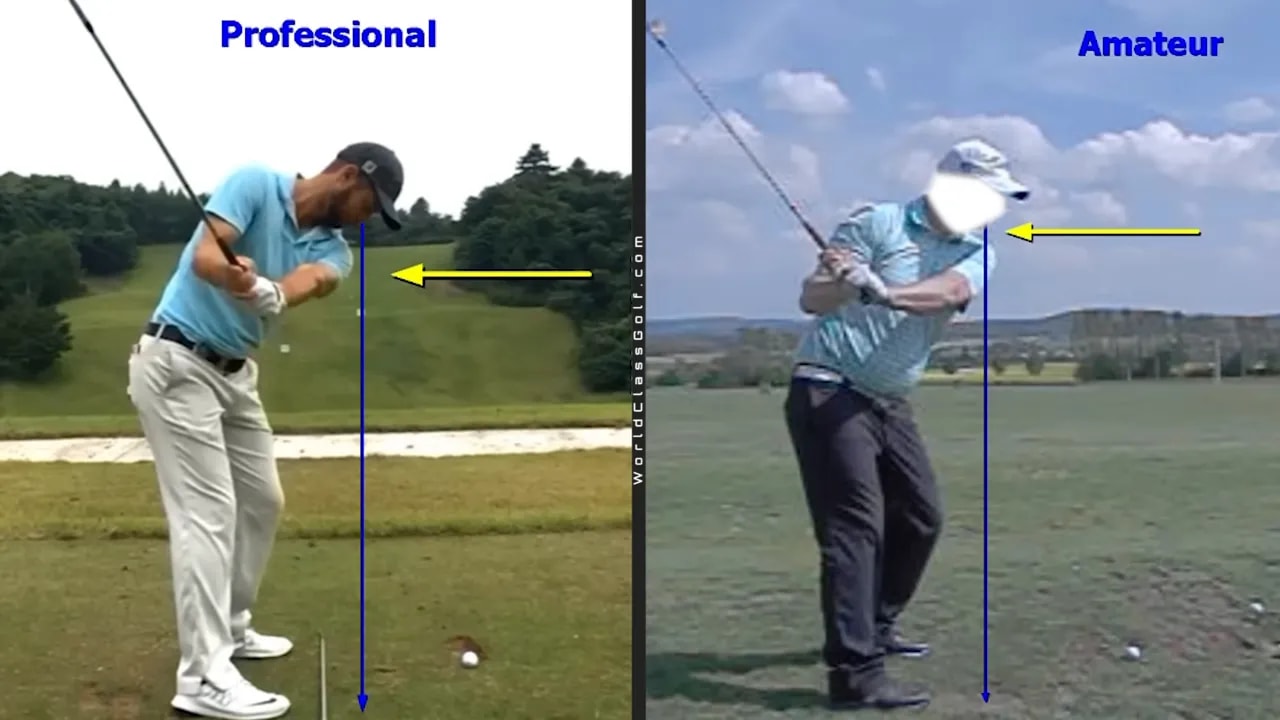 Split-screen image comparing a professional retaining shoulder tilt at the top of the swing to an amateur who has a more upright shoulder — blue lines and yellow arrows highlight the difference.