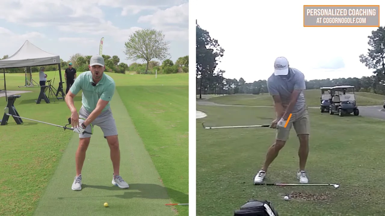 Split-screen comparison showing lead wrist relatively flat on the left and forearm rotation on the right at impact