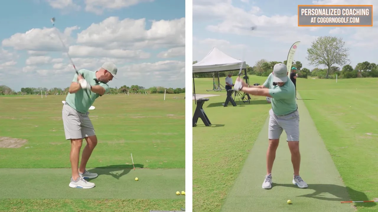 Split‑screen comparison showing a backswing position on the left and a front‑on rotation/impact position on the right to illustrate wrist timing and forearm rotation