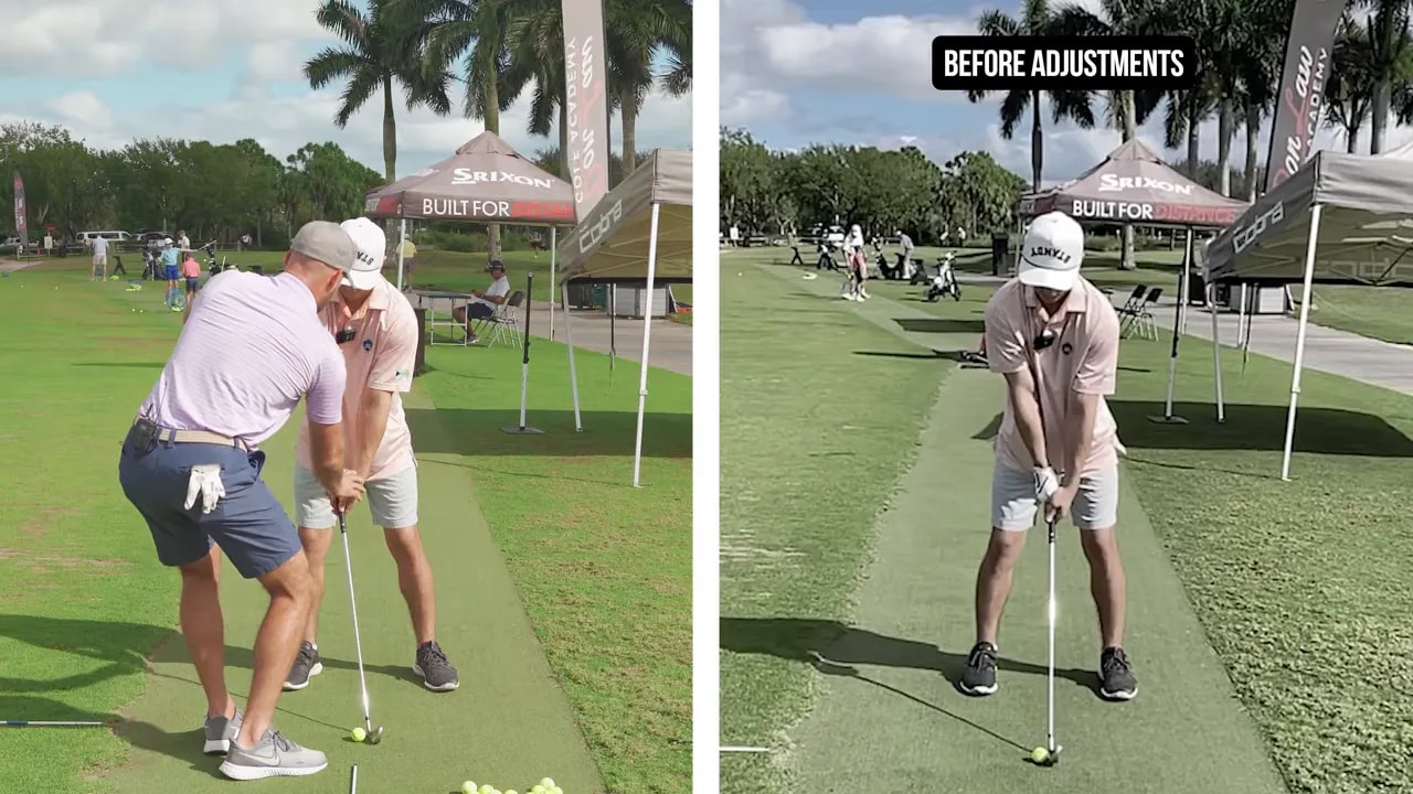 Before and after golfer address position with hips and hands forward using alignment poles for turf-first striking