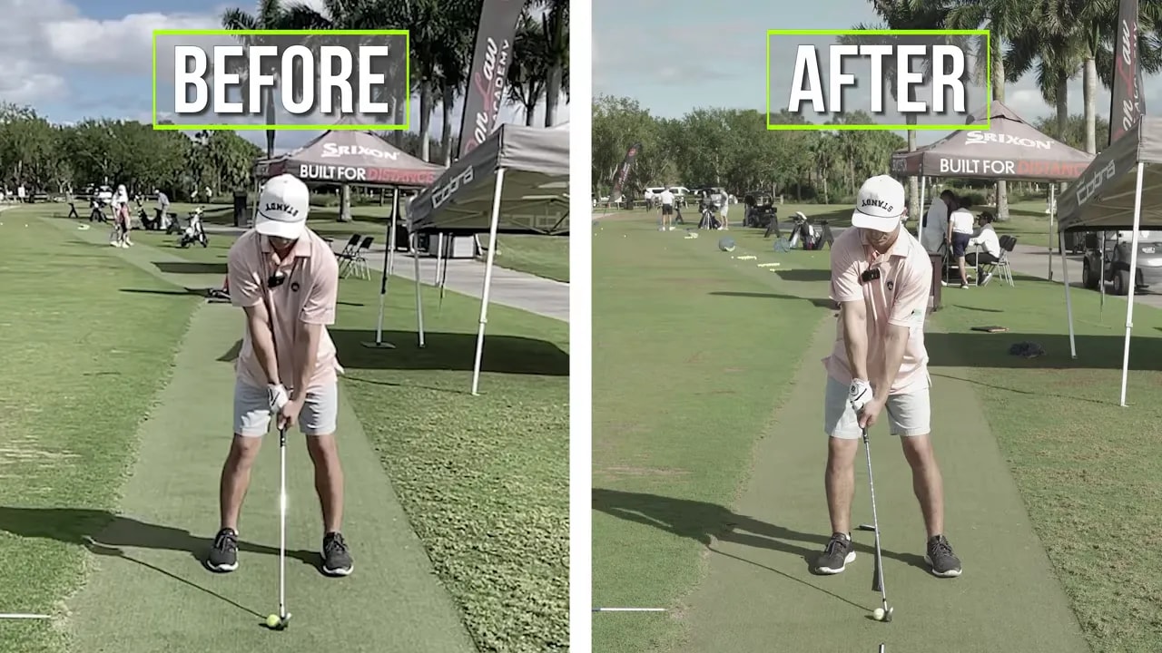 Before and after comparison of strengthened grip and club position at address
