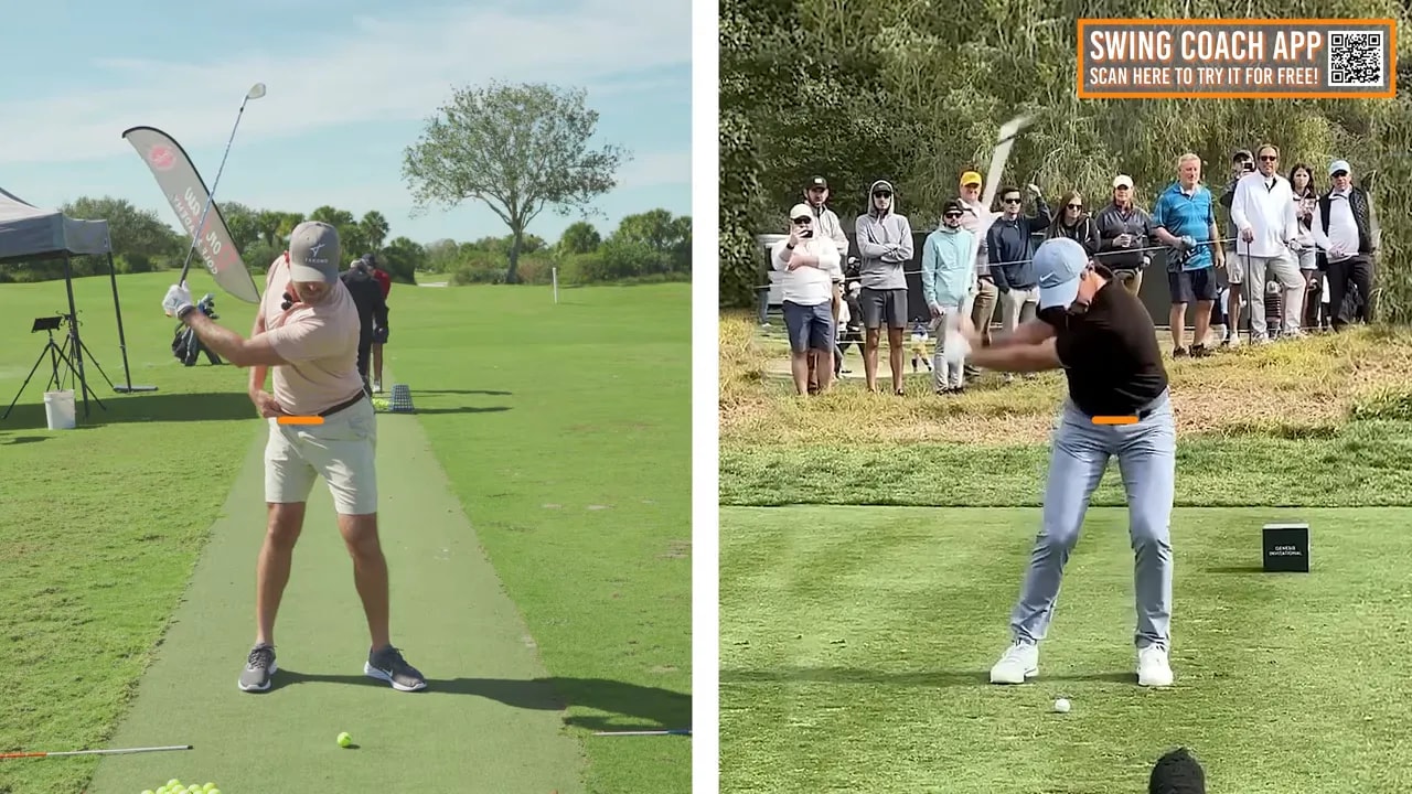 Split-screen face-on shots with an orange belt/hip marker showing belt-buckle rotation and hip depth through the swing.