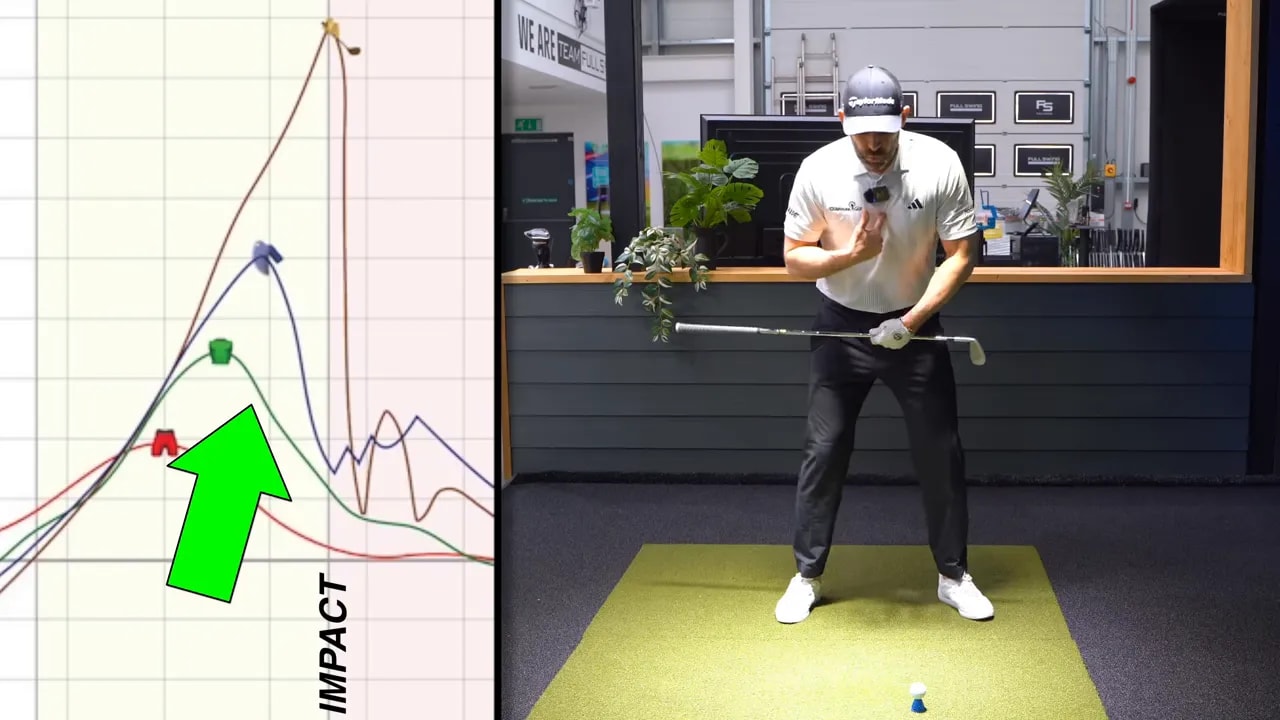 Golfer performing break-and-pull-up grip action in a club-face squaring drill